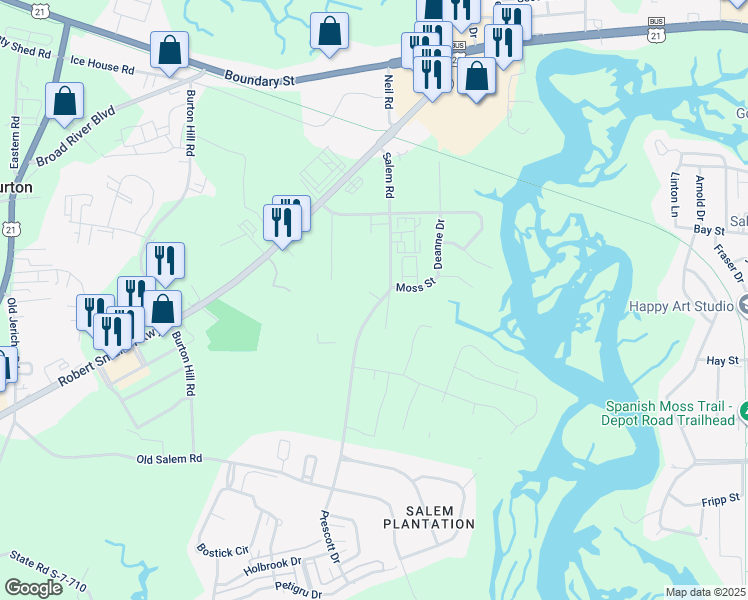 map of restaurants, bars, coffee shops, grocery stores, and more near 1700 Salem Road in Beaufort