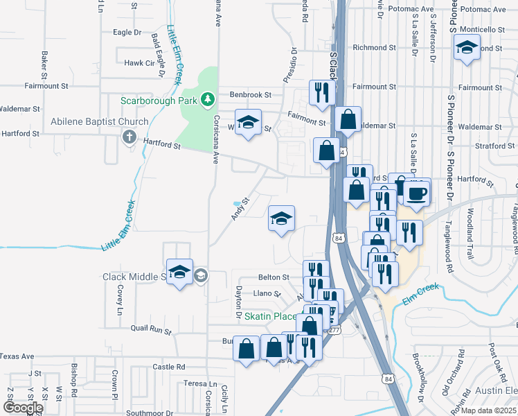 map of restaurants, bars, coffee shops, grocery stores, and more near 1351 Andy Street in Abilene