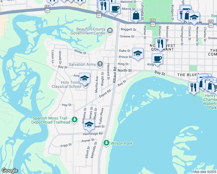 map of restaurants, bars, coffee shops, grocery stores, and more near 2302 Simms Street in Beaufort