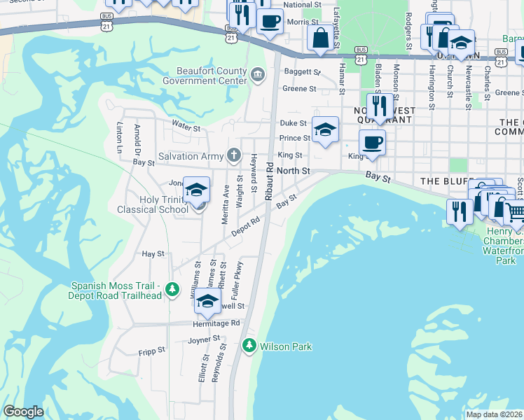 map of restaurants, bars, coffee shops, grocery stores, and more near 2302 Simms Street in Beaufort