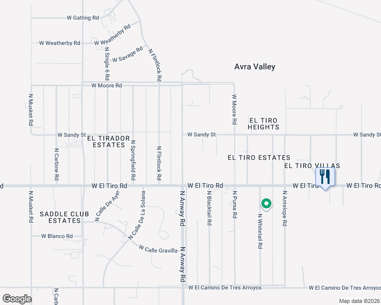 map of restaurants, bars, coffee shops, grocery stores, and more near 12500 North Anway Road in Marana