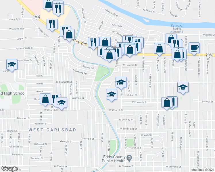 map of restaurants, bars, coffee shops, grocery stores, and more near 1604 Lamont Place in Carlsbad