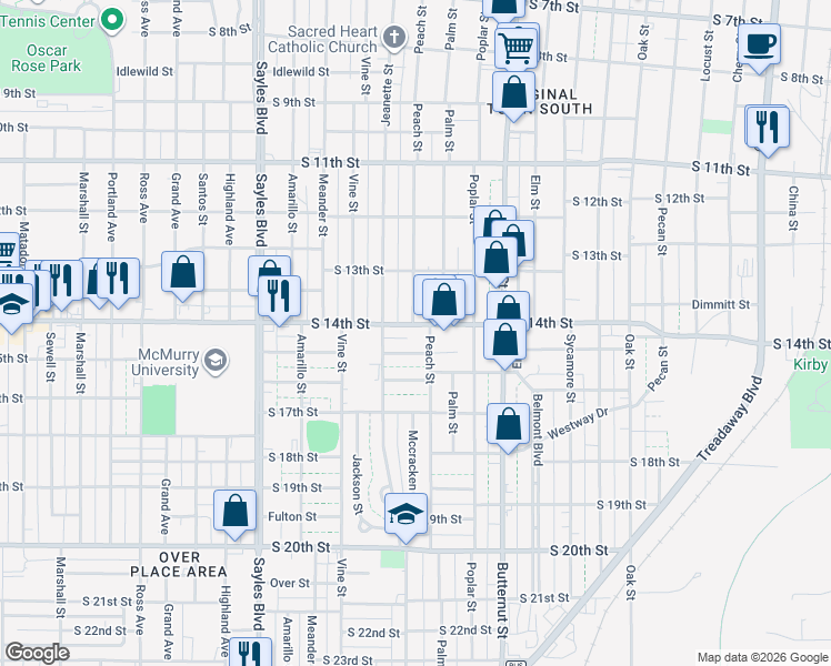 map of restaurants, bars, coffee shops, grocery stores, and more near 1642 South 15th Street in Abilene