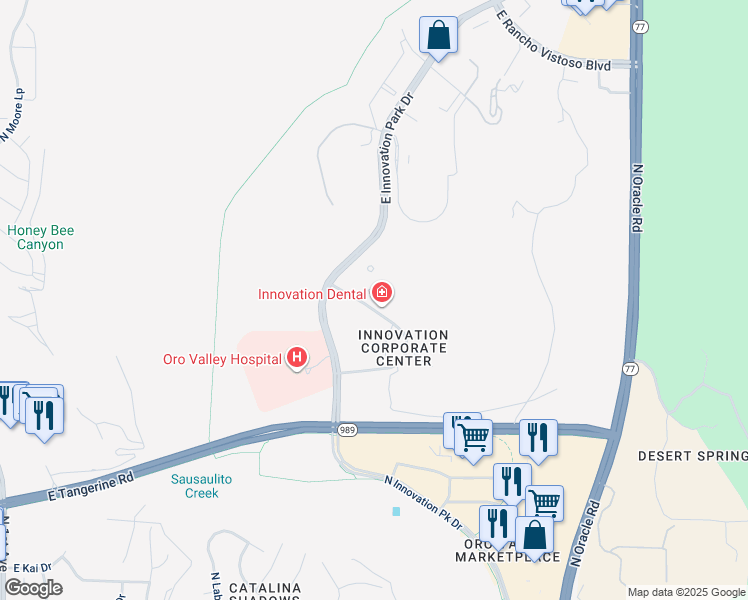 map of restaurants, bars, coffee shops, grocery stores, and more near 1820 East Innovation Park Drive in Oro Valley