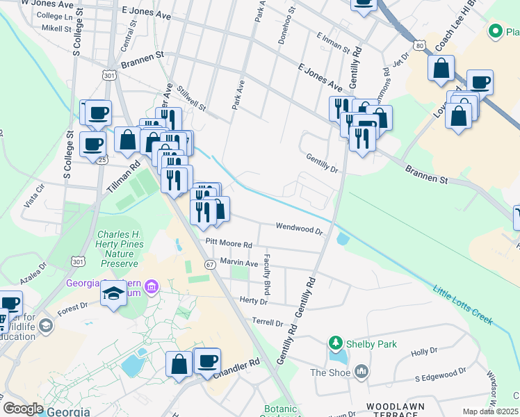 map of restaurants, bars, coffee shops, grocery stores, and more near 212 Wendwood Drive in Statesboro