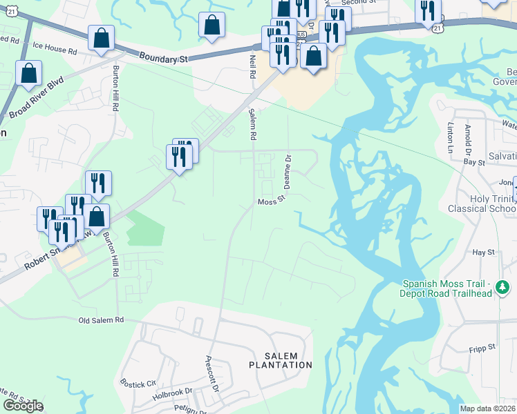 map of restaurants, bars, coffee shops, grocery stores, and more near 1-11 Salem Farm Road in Beaufort