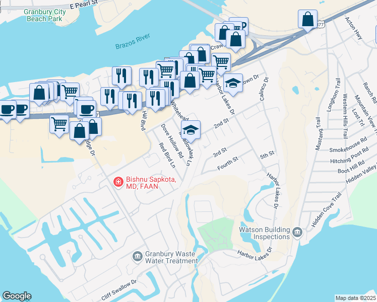 map of restaurants, bars, coffee shops, grocery stores, and more near 1006 Meadowlark Lane in Granbury