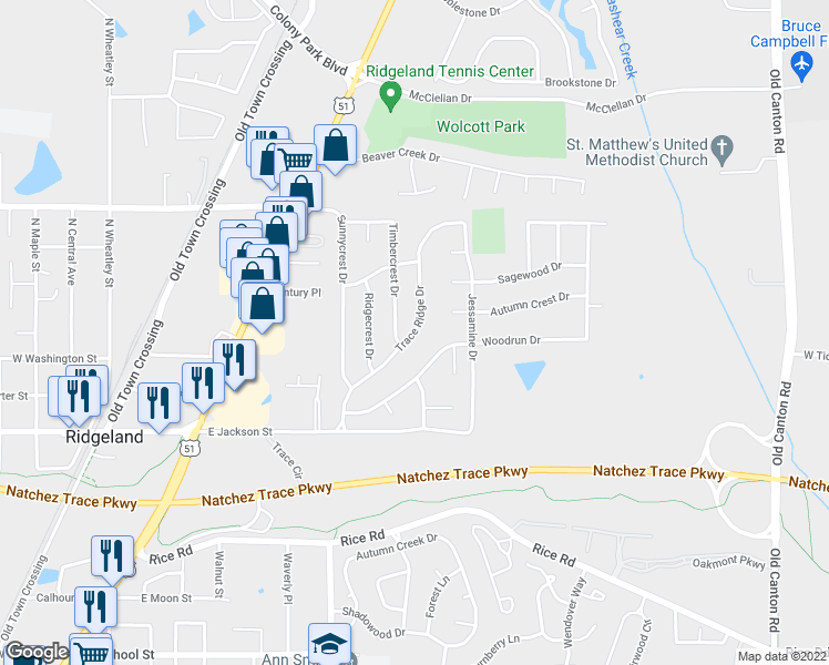 map of restaurants, bars, coffee shops, grocery stores, and more near 132 Trace Ridge Drive in Ridgeland