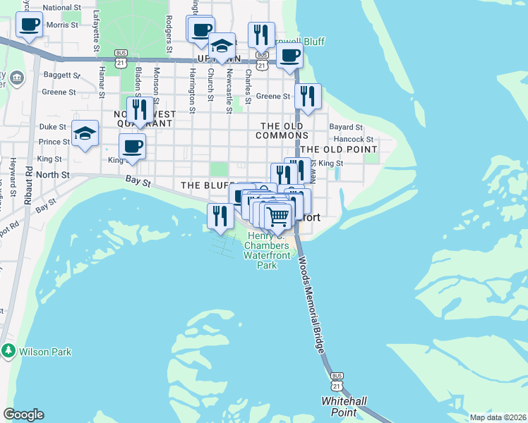 map of restaurants, bars, coffee shops, grocery stores, and more near 903 Port Republic Street in Beaufort
