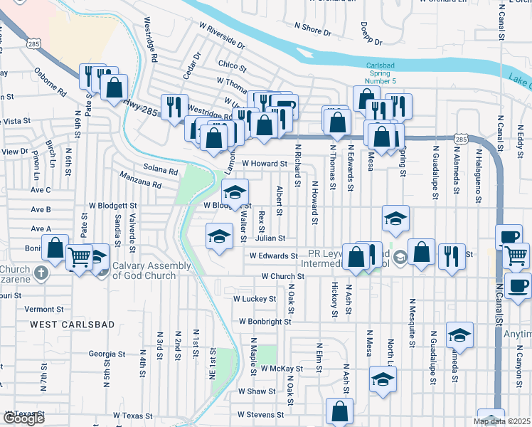 map of restaurants, bars, coffee shops, grocery stores, and more near 920 Rex Street in Carlsbad