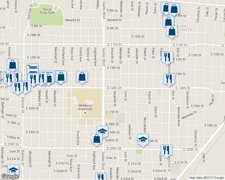 map of restaurants, bars, coffee shops, grocery stores, and more near 2018 South 15th Street in Abilene