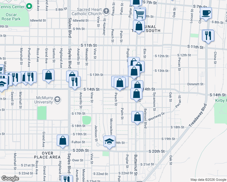 map of restaurants, bars, coffee shops, grocery stores, and more near 1642 South 15th Street in Abilene