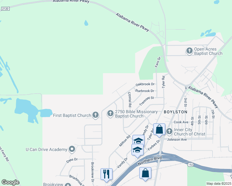 map of restaurants, bars, coffee shops, grocery stores, and more near 932 Pebblebrook Drive in Montgomery