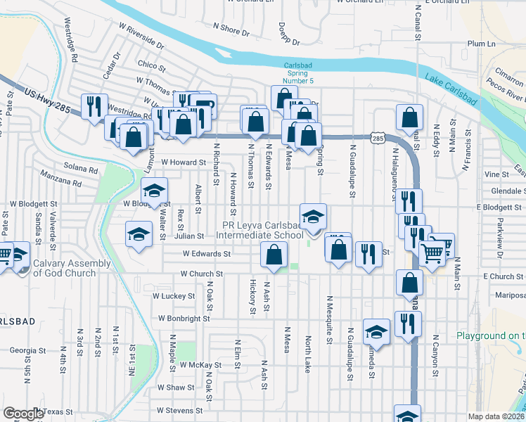 map of restaurants, bars, coffee shops, grocery stores, and more near 917 North Edwards Street in Carlsbad