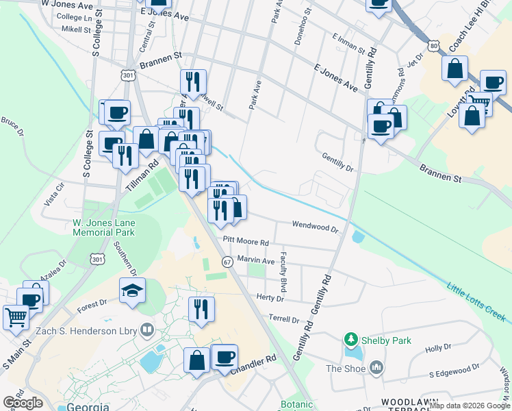 map of restaurants, bars, coffee shops, grocery stores, and more near 208 Wendwood Drive in Statesboro