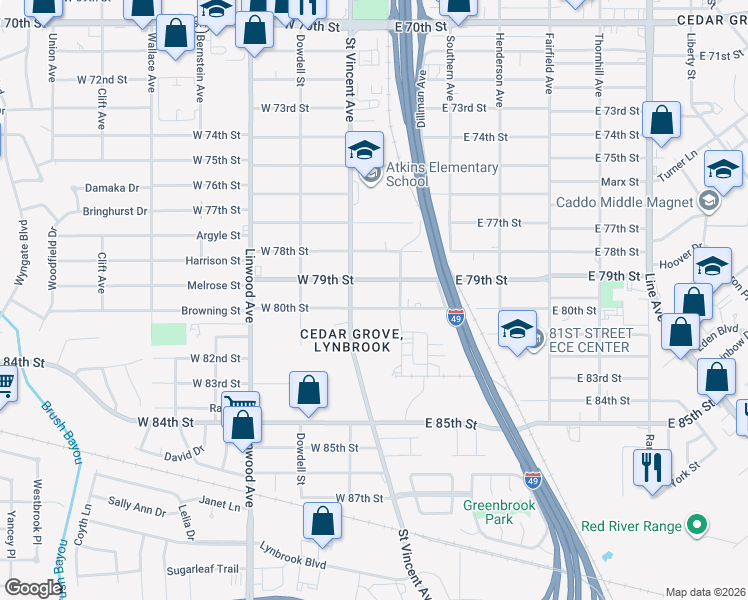 map of restaurants, bars, coffee shops, grocery stores, and more near 145 West 80th Street in Shreveport