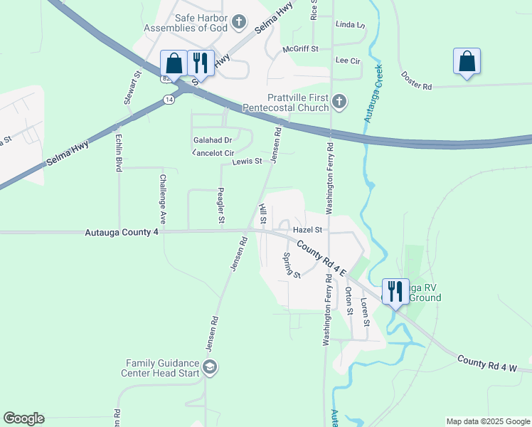 map of restaurants, bars, coffee shops, grocery stores, and more near 909 Hill St in Prattville