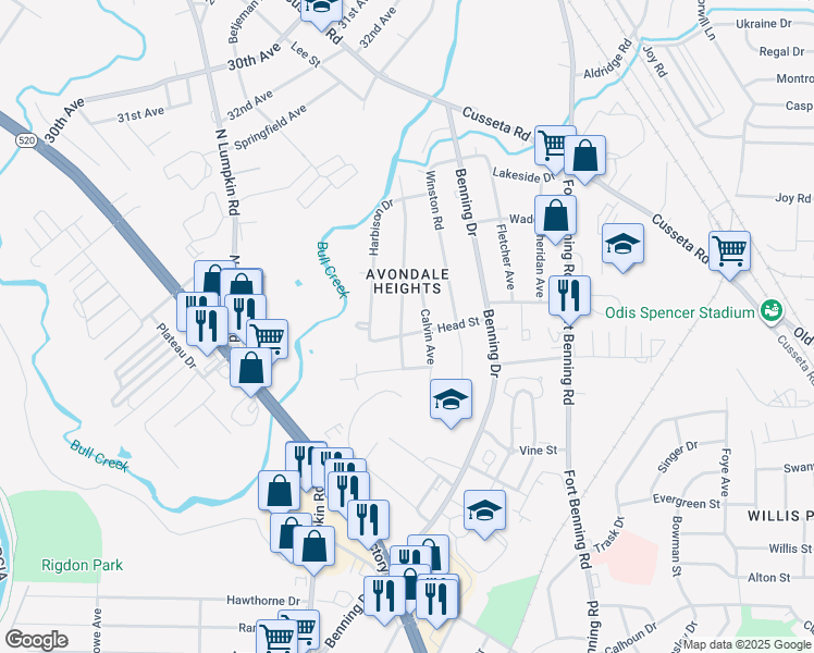 map of restaurants, bars, coffee shops, grocery stores, and more near 1102 Brooks Road in Columbus