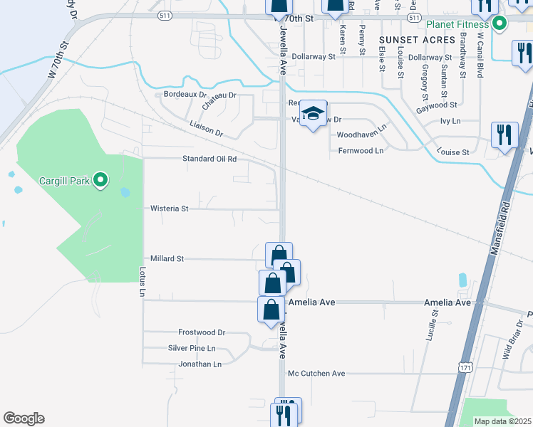 map of restaurants, bars, coffee shops, grocery stores, and more near 2609 Wisteria Street in Shreveport