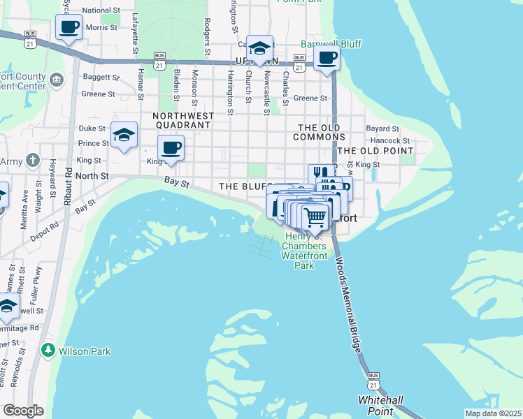 map of restaurants, bars, coffee shops, grocery stores, and more near 1203 Bay Street in Beaufort
