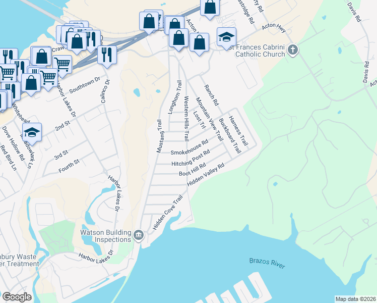 map of restaurants, bars, coffee shops, grocery stores, and more near 1803 Smokehouse Road in Granbury