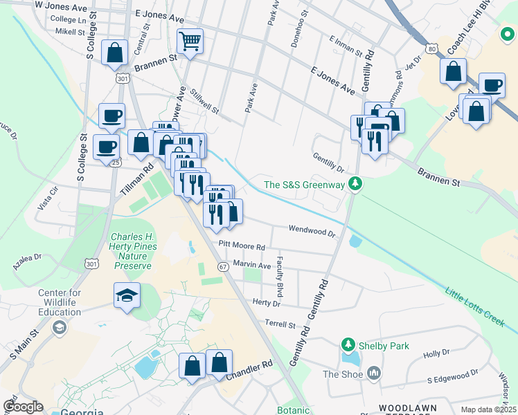 map of restaurants, bars, coffee shops, grocery stores, and more near 210 Wendwood Drive in Statesboro