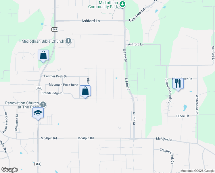 map of restaurants, bars, coffee shops, grocery stores, and more near 4634 Blue Ridge Drive in Midlothian
