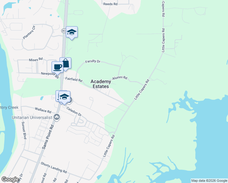 map of restaurants, bars, coffee shops, grocery stores, and more near 77 Fairfield Road in Beaufort
