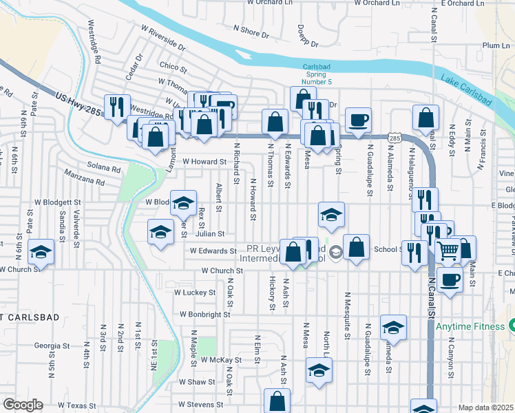 map of restaurants, bars, coffee shops, grocery stores, and more near 924 North Howard Street in Carlsbad