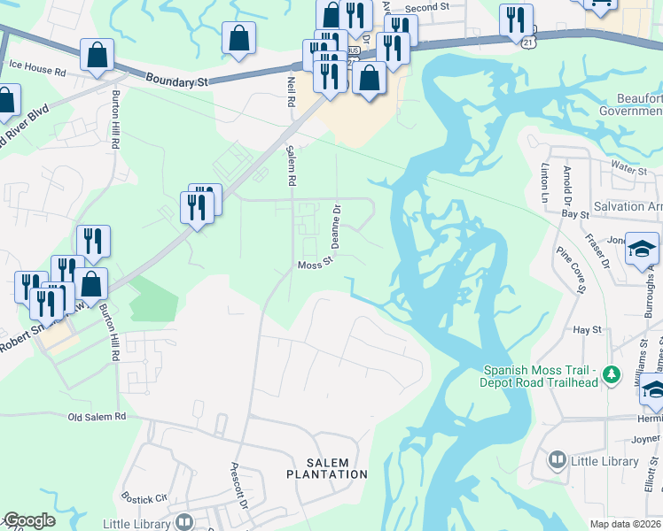 map of restaurants, bars, coffee shops, grocery stores, and more near 2200 Moss Street in Beaufort