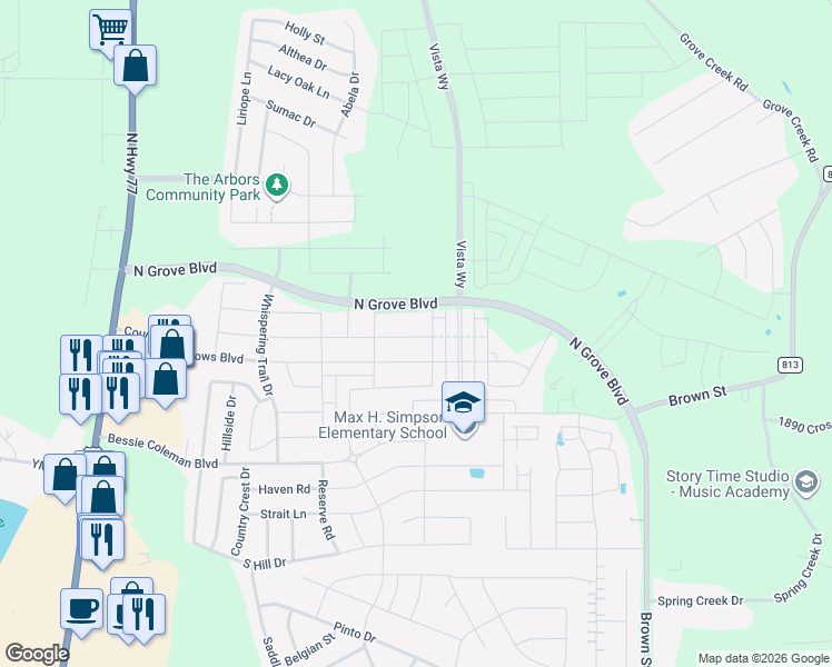 map of restaurants, bars, coffee shops, grocery stores, and more near 465 Country Meadows Boulevard in Waxahachie