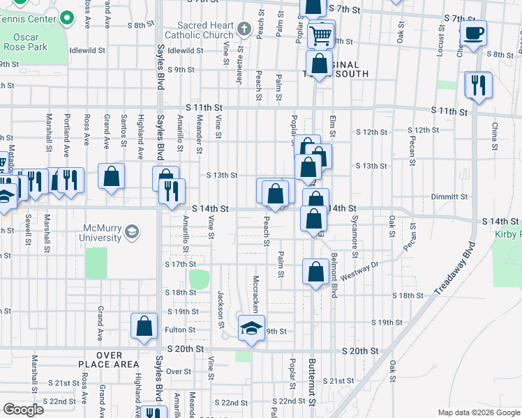 map of restaurants, bars, coffee shops, grocery stores, and more near 1642 South 15th Street in Abilene