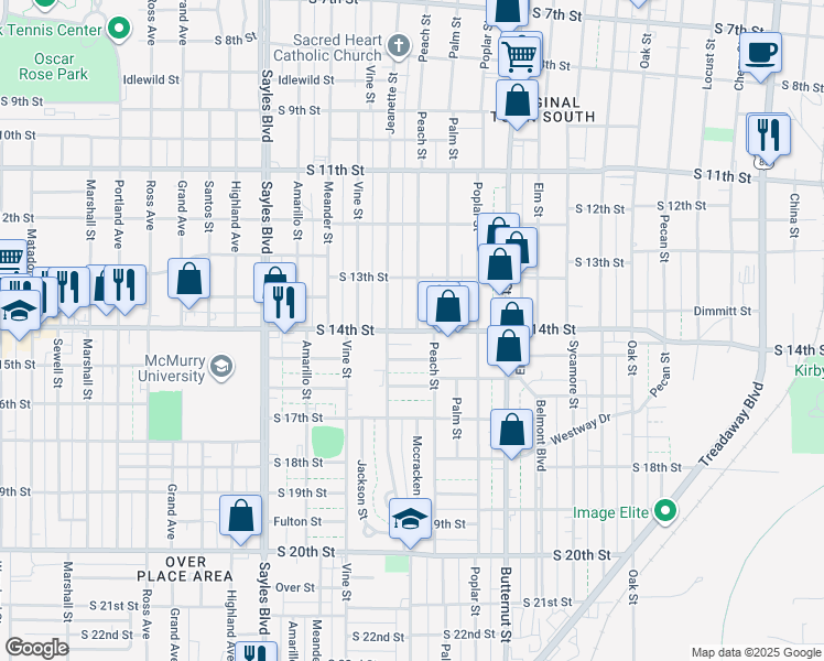map of restaurants, bars, coffee shops, grocery stores, and more near 1642 South 15th Street in Abilene
