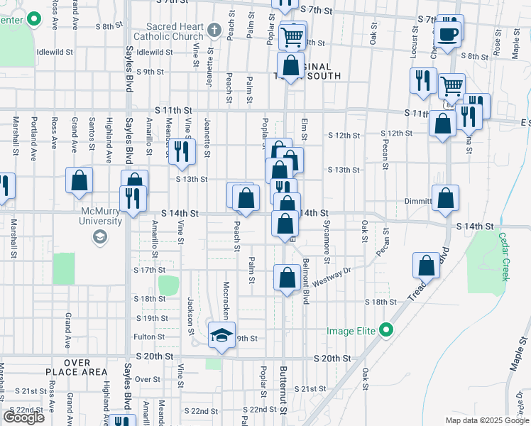 map of restaurants, bars, coffee shops, grocery stores, and more near 1399 Poplar Street in Abilene