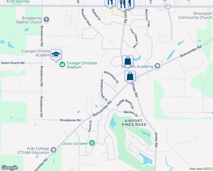 map of restaurants, bars, coffee shops, grocery stores, and more near 6117 Newton Abbott Drive in Shreveport
