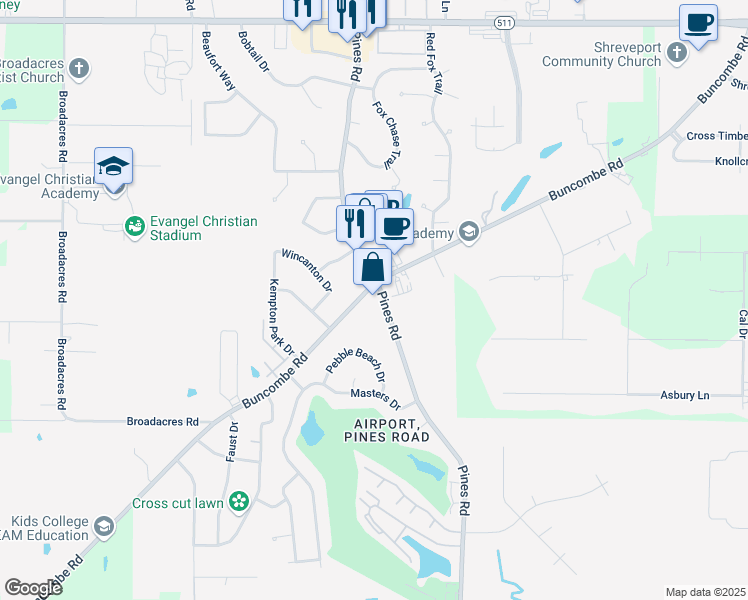 map of restaurants, bars, coffee shops, grocery stores, and more near 7702 Pines Road in Shreveport