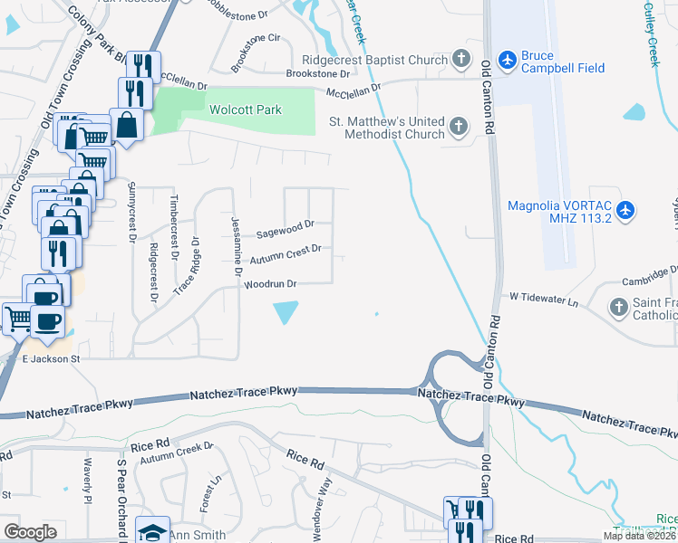 map of restaurants, bars, coffee shops, grocery stores, and more near 310 Woodrun Drive in Ridgeland
