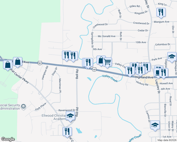 map of restaurants, bars, coffee shops, grocery stores, and more near 1518 W Highland Ave in Selma