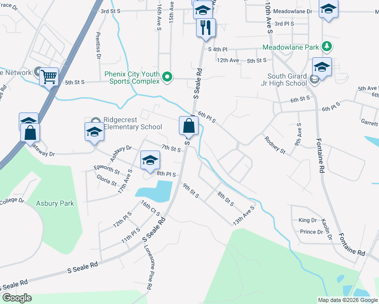 map of restaurants, bars, coffee shops, grocery stores, and more near 801 South Seale Road in Phenix City