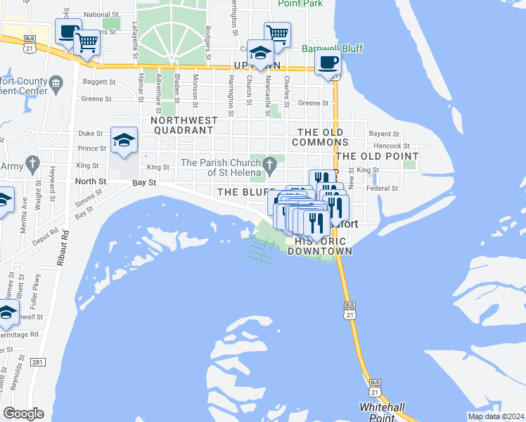 map of restaurants, bars, coffee shops, grocery stores, and more near 1103 Bay Street in Beaufort