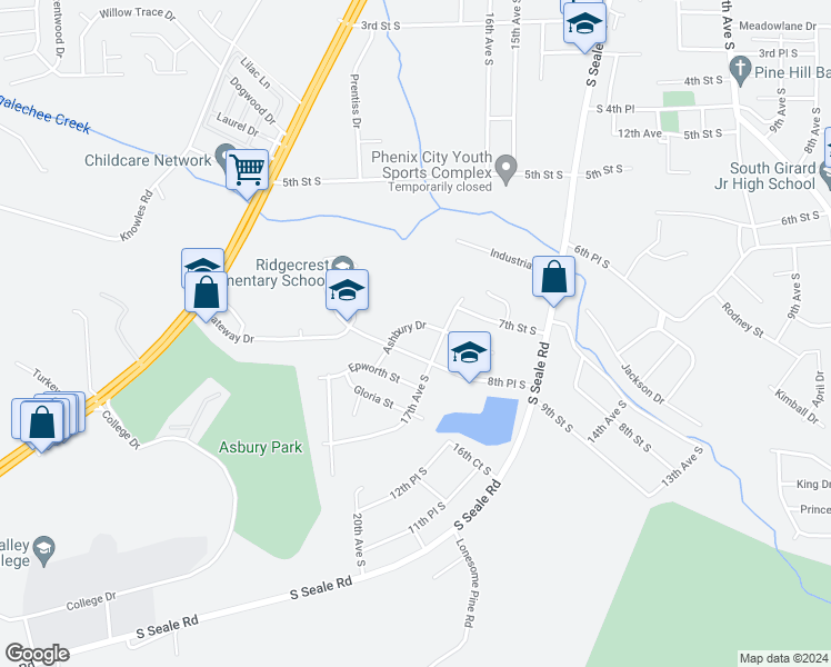 map of restaurants, bars, coffee shops, grocery stores, and more near 1707 8th Street South in Phenix City