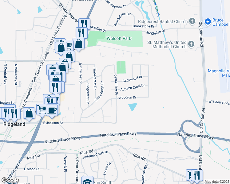 map of restaurants, bars, coffee shops, grocery stores, and more near 201 Autumn Crest Cove in Ridgeland