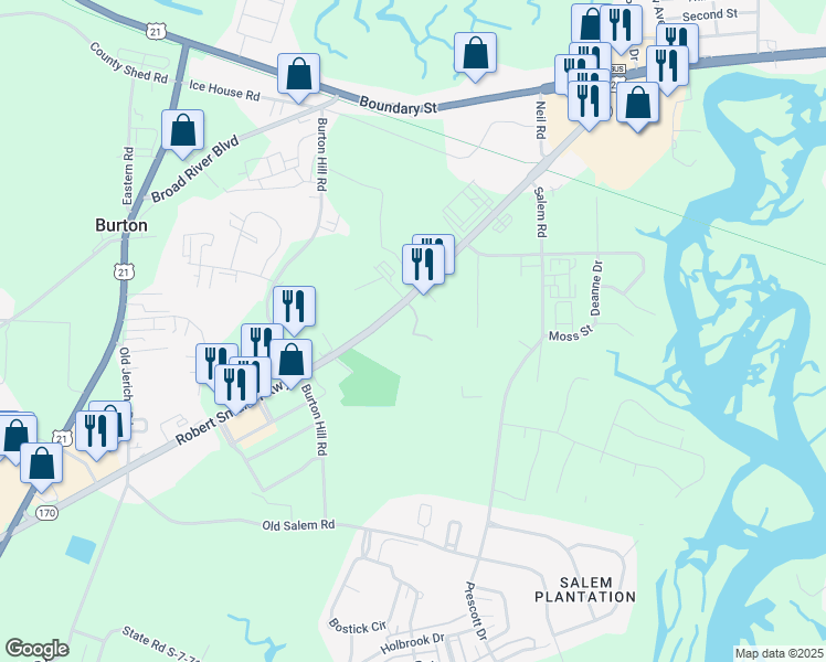 map of restaurants, bars, coffee shops, grocery stores, and more near 109 Robert Smalls Pkwy in Beaufort