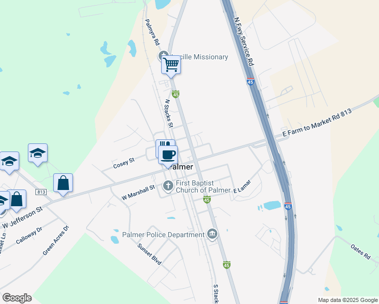 map of restaurants, bars, coffee shops, grocery stores, and more near 105 East Canton Street in Palmer