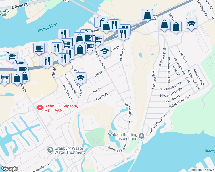 map of restaurants, bars, coffee shops, grocery stores, and more near 1304 3rd Street in Granbury