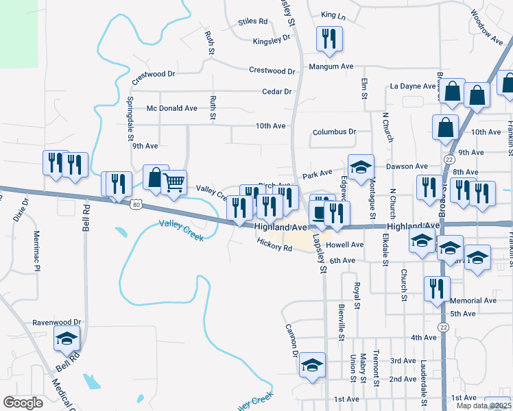 map of restaurants, bars, coffee shops, grocery stores, and more near Crepe Myrtle Street in Selma