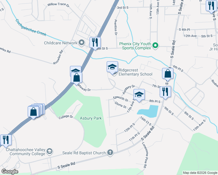 map of restaurants, bars, coffee shops, grocery stores, and more near 1909 8th Pl S in Phenix City