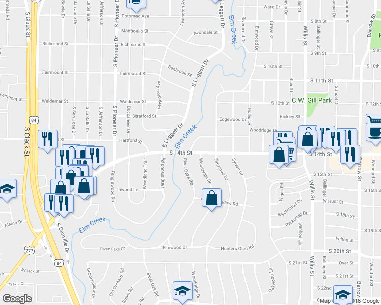 map of restaurants, bars, coffee shops, grocery stores, and more near 4818 Woodridge Drive in Abilene