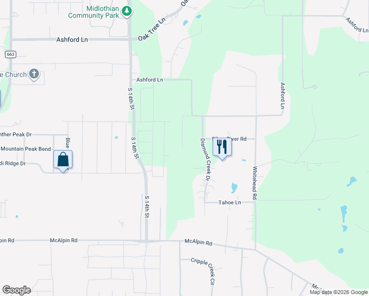 map of restaurants, bars, coffee shops, grocery stores, and more near 1080 Ashford Lane in Midlothian