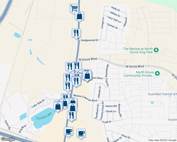 map of restaurants, bars, coffee shops, grocery stores, and more near 151 Country Meadows Boulevard in Waxahachie